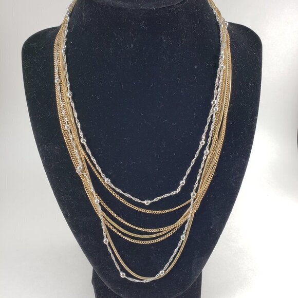 Multi-Strand Gold & Silver Dual-Tone Necklace with Matching Gold Stud Earrings - Picture 6 of 10